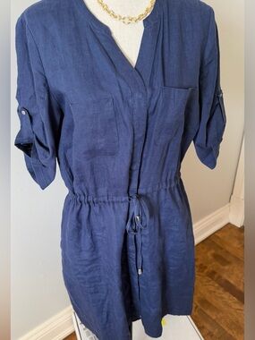 Navy Tie-Waist Shirt Dress in Linen with buttons